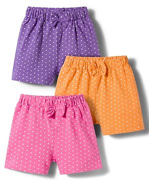 Babyhug Single Jersey Knit Mid Thigh Polka Dots Printed Shorts With Bow Applique Pack Of 3 - Multicolour