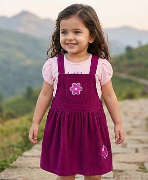 Babyhug Cotton Woven Half Sleeves Pinafore Frock with Inner Tee & Little and Loved Print - Light Purple & Wine