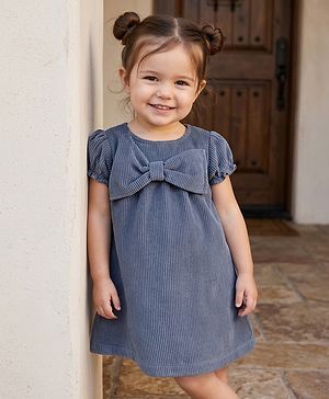 Babyhug Cotton Woven Half Sleeves Solid Frock With Bow Applique - Blue