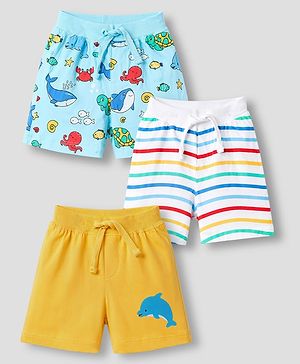 Babyhug Single Jersey Knit Mid Thigh Striped & Sea Life Printed Shorts Pack Of 3 - Multicolor