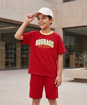 Pine Kids Single Jersey Knit Drop Shoulder Sleeves T-Shirt & Shorts Set With Text Print - Red