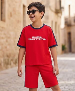 Pine Kids Single Jersey Knit Half Sleeves T-Shirt & Shorts Set with Unleash Your Potential Print & Tape Detailing - Red