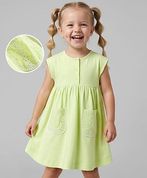 Bonfino 100% Cotton Knit Sleeveless Solid Dress With Extended Shoulder & Schiffli Patch Pockets - Light Green