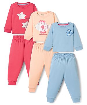 Bonfino 100% Cotton Knit Full Sleeves T-Shirt & Pyjama Night Suits With Star & Fish Print Pack of 3 - Dark Pink Blue & Peach