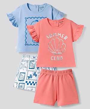 Bonfino 100% Cotton Knit Sea Life Printed Half Sleeves T-Shirts & Shorts Night Suits Pack of 2 - Peach & Light Blue