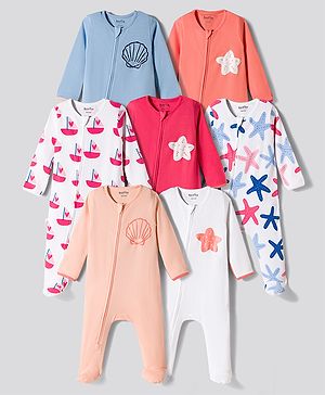 Bonfino 100% Cotton Knit Full Sleeves Sea Life &  Nautical Theme Printed Sleepsuits Pack Of 7 - Multicolour