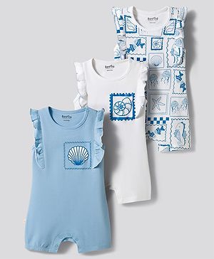 Bonfino 100% Cotton Knit Frill Sleeves Rompers with Sea Animals Print Pack of 3 - Multicolor
