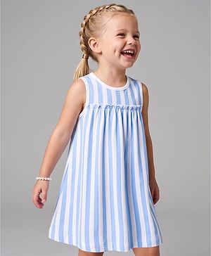 Bonfino 100% Cotton Knit Sleeveless Striped Frock with Frill Detailing - White & Blue
