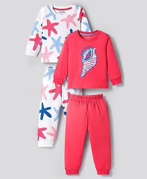 Bonfino 100% Cotton Knit Full Sleeves Sea Life Printed & Embroidered T-Shirt & Pyjama Night Suits Pack of 2 - White & Dark Pink