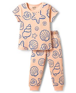 Bonfino 100% Cotton Knit Half Sleeves Sea Life Printed Co-Ords T-Shirt & Pyjama Night Suit - Peach