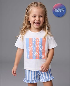 Bonfino 100% Cotton Knit Half Sleeves Oversized T-Shirt & Shorts Set with Seashell Print - White
