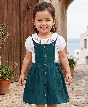 Babyhug 100% Cotton Woven Half Sleeves Knee Length Frock With Floral Embroidered Inner Tee - Green