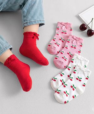 Cute Walk By Babyhug Knit Ankle Length Socks with Cherry Design Pack of 3 - Red Pink & White