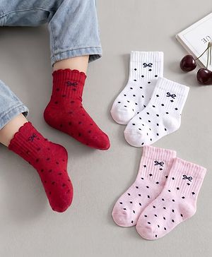 Cute Walk By Babyhug Knit Ankle Length Socks with Bow Design Pack of 3 - Red White & Pink