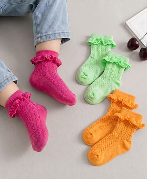 Cute Walk By Babyhug Ankle Length Socks with Cable Knit Design Pack of 3 - Pink Orange & Green
