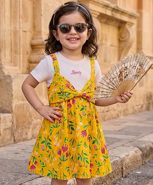 Babyhug 100% Cotton Knit Half Sleeves Floral Printed Frock - Yellow