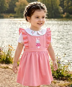 Babyhug Single Jersey Knit Frock & Half Sleeves Inner Tee With Bunny Embroidery - Pink
