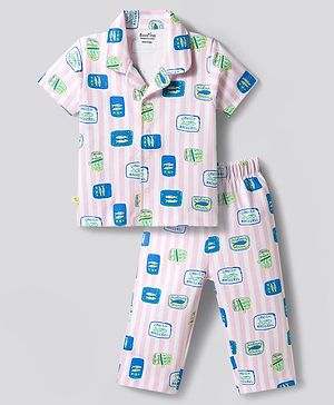 Bonfino 100% Cotton Knit Half Sleeves Shirt & Pyjama Co-ord Night Suit With Fish Print - Light Pink