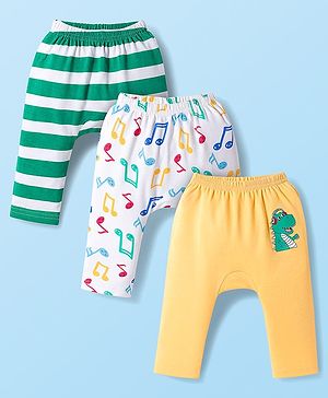 Babyhug Interlock Knit Full Length Diaper Leggings with Musical Print & Stripes Pack of 3 - Multicolor