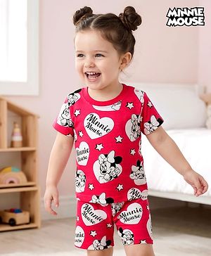Babyhug Disney 100% Cotton Knit Half Sleeves Co-Ords T-Shirt & Shorts Night Suit With Minnie Mouse Print - Red
