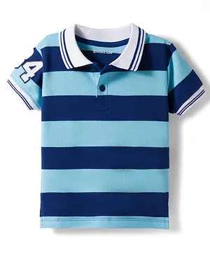 Kookie Kids Cotton Knit Half Sleeves Striped Polo T-Shirt With Tipping - Multicolor