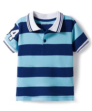 Kookie Kids 100% Cotton Knit Half Sleeves Striped Polo T-Shirt With Tipping & Embroidery Detailing - Light & Navy Blue