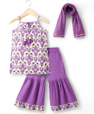 Babyhug Cotton Woven Sleeveless
                              Cambric Printed Kurta & Gharara Set
                              with Dupatta - Purple