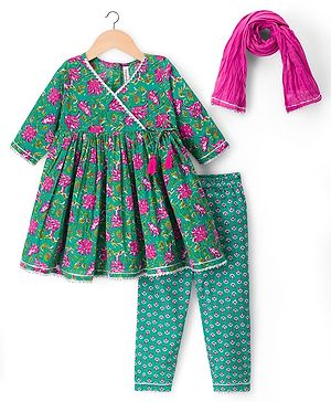 Babyhug 100% Cotton Cambric Woven Three Forth Sleeves Floral Printed Kurta & Pant Set With Dupatta - Green
