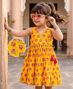 Babyhug Cambric Woven Sleeveless Floral Printed Ethnic Dress  - Yellow