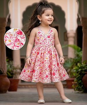 Babyhug Cambric Woven Sleeveless Floral Printed Ethnic Dress with Lace Detailing - Pink