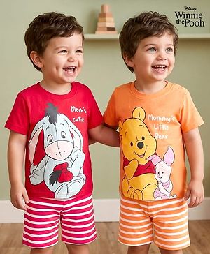 Babyhug Disney Single Jersey Knit Half Sleeves T-Shirts & Shorts Night Suit with Winnie & Friends Graphics Pack of 2 - Red & Orange
