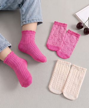 Cute Walk By Babyhug Knit Ankle Length Antibacterial Socks with Cable Knit & Heart Design Pack of 3 - Pink & White