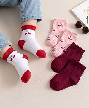 Cute Walk By Babyhug Knit Ankle Length Antibacterial Socks with Cherry Design Pack of 3 - Maroon Pink & White
