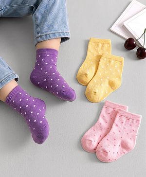 Cute Walk By Babyhug Knit Ankle Length Antibacterial Socks with Polka Dot Design Pack of 3 - Yellow Pink & Purple