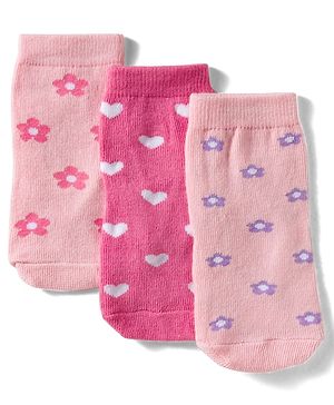 Cute Walk By Babyhug Knit Ankle Length Antibacterial Socks with Floral & Heart Design Pack of 3 - Light & Dark Pink
