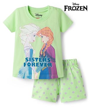 Babyhug Disney Single Jersey Knit Half Sleeves Short Night Suit With Disney Princess Else & Anna Graphics - Lime Green