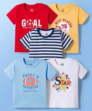 Doodle Poodle 100% Cotton Knit Half Sleeves T-Shirts with Sports Theme Print & Stripes Pack of 5 - Multicolor