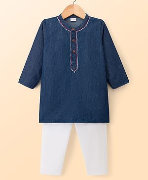 Babyhug 100% Cotton Woven Full Length Embroidered Kurta & Pyjama Set - Navy Blue