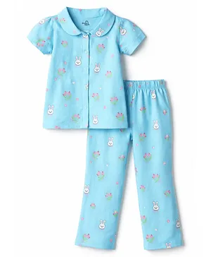 Doodle Poodle 100% Cotton Knit Half
                              Sleeves Shirt & Pyjama Co-ord Night
                              Suit with Bunny Print - Turquoise