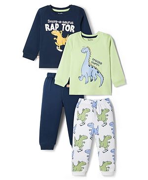 Bonfino 100% Cotton Knit Full Sleeves Dino Printed T-Shirt & Pyjama Set Pack of 2 - Navy Blue & Light Green
