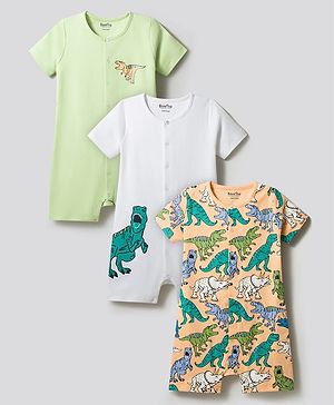 Bonfino 100% Cotton Knit Half Sleeves Front Open Rompers with Dino Print Pack of 3 - White Orange & Light Green