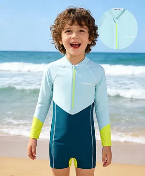 Mark & Mia Full Raglan Sleeves
                              Cut N Sew Legged Swimsuit - Light Blue