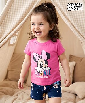Babyhug Disney Single Jersey Knit Half Sleeves Shorts Night Suit With Minnie Mouse Graphics - Pink