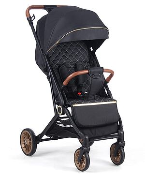 Babyhug Portable Baby Stroller with One-hand Compact Fold - Black| Pram for Newborn| Concealed Linked Brake| Swivel Wheels| 5 Point Harness| Trolley Handle| Air Cabin Friendly| Shock Absorbent Wheels