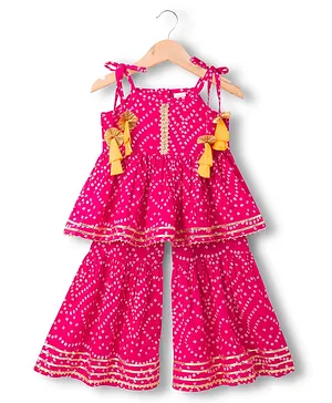 Saka Designs Cotton Woven Sleeveless
                              Kurta & Gharara Set With Bhandani
                              Print - Dark Pink