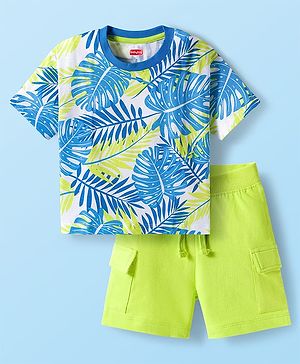 Babyhug Single Jersey Knit Half Sleeves T-Shirt & Shorts Set with Leaf Print - Light Green