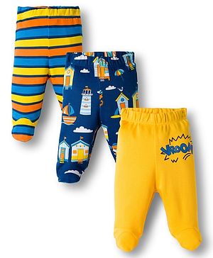 Babyhug Cotton Knit Full Length Bootie Leggings With Nautical Theme Print Pack Of 3 - Yellow & Navy Blue