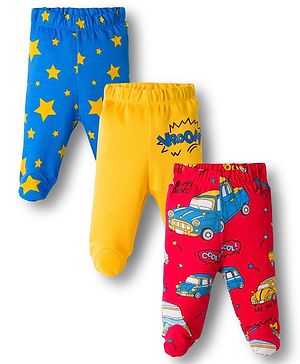 Babyhug Cotton Knit Full Length Bootie Leggings With Vehicle Print Pack Of 3 - Yellow Blue & Red