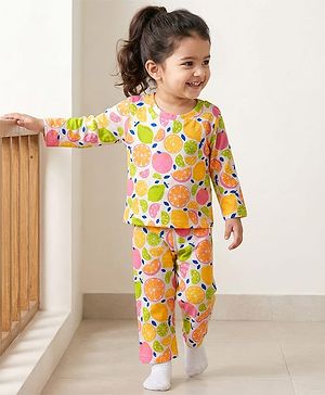 Babyhug Cotton Knit Half Sleeves Co-ords Night Suit With Tropical Theme Print - Yellow