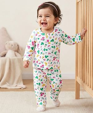 Babyhug Cotton Knit Full Sleeves Co-ords Night Suit With Floral Print - White